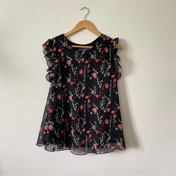 Highness Black Floral Ruffled Blouse cap sleeve size small medium blue red - Picture 1 of 4